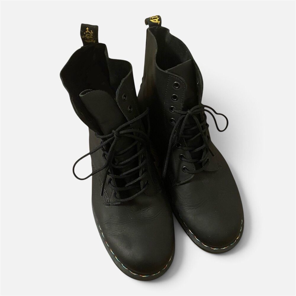 Dr. Martens Black Leather Lace-Up Boots w/ Rainbow Threading Size 11